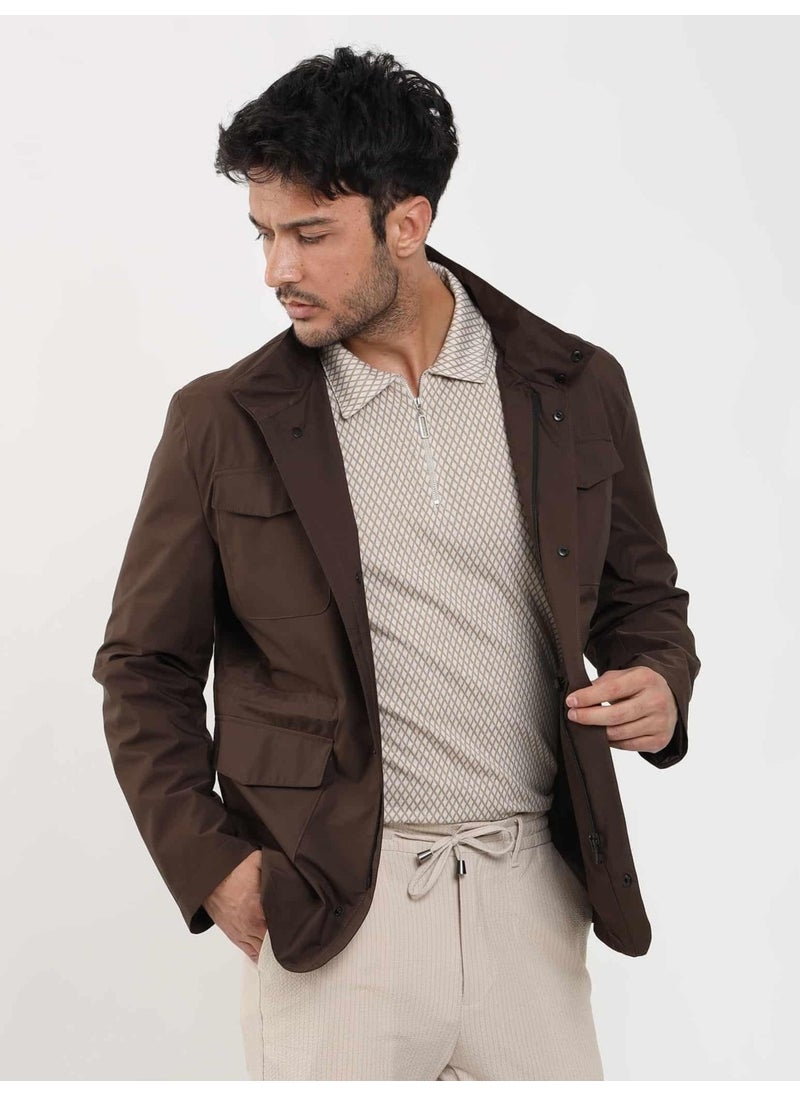 Brown Men's Regular Fit Plain Stand Collar Safari Coat - 104374