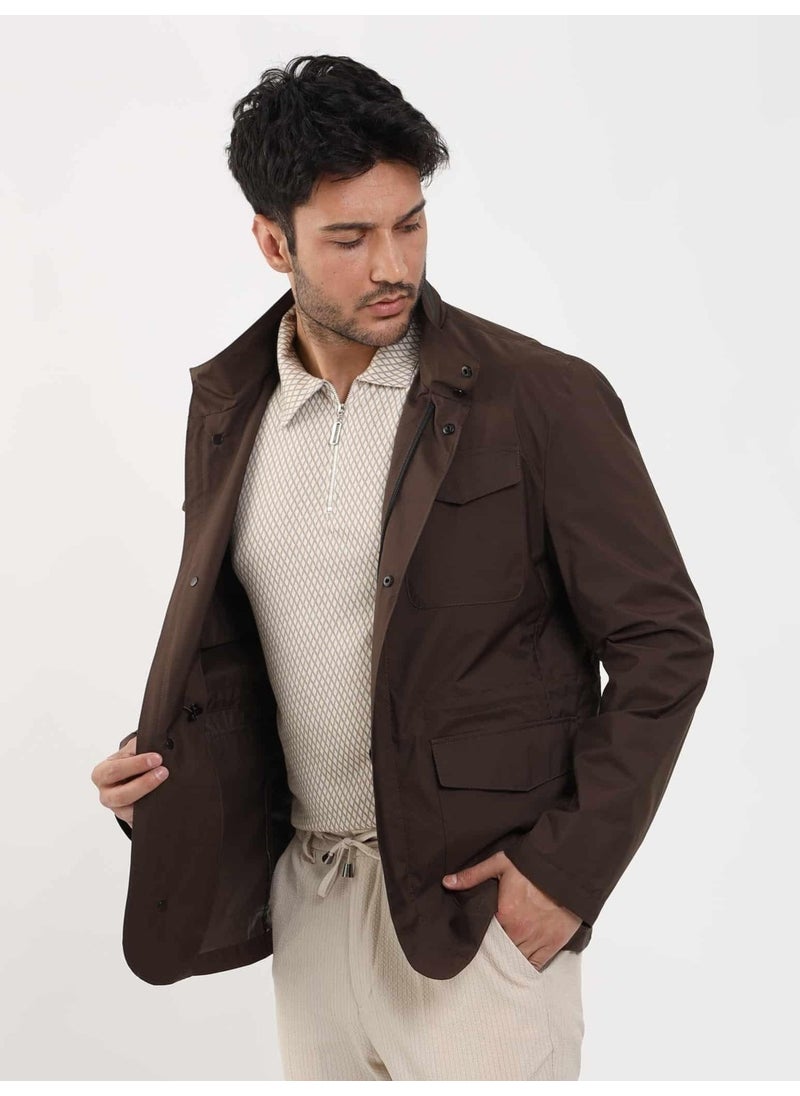 Brown Men's Regular Fit Plain Stand Collar Safari Coat - 104374