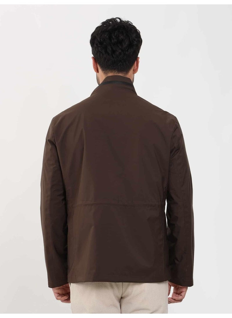 Brown Men's Regular Fit Plain Stand Collar Safari Coat - 104374