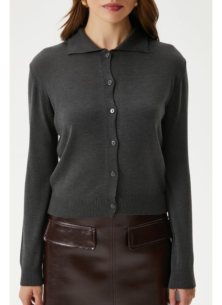 Women's Thin Polo Collar Thin Anthracite Cardigan