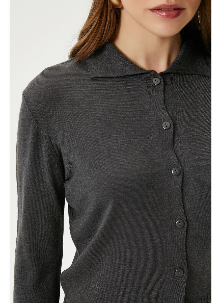 Women's Thin Polo Collar Thin Anthracite Cardigan