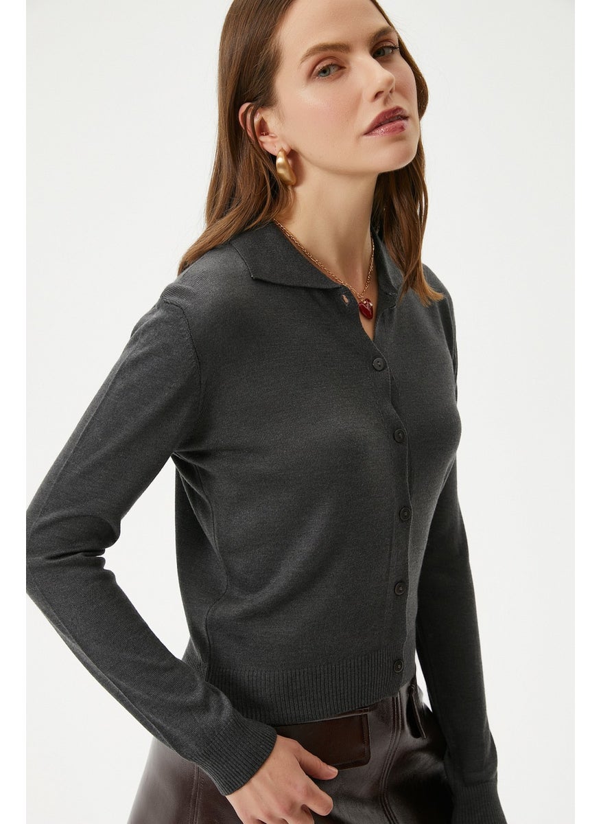 Women's Thin Polo Collar Thin Anthracite Cardigan