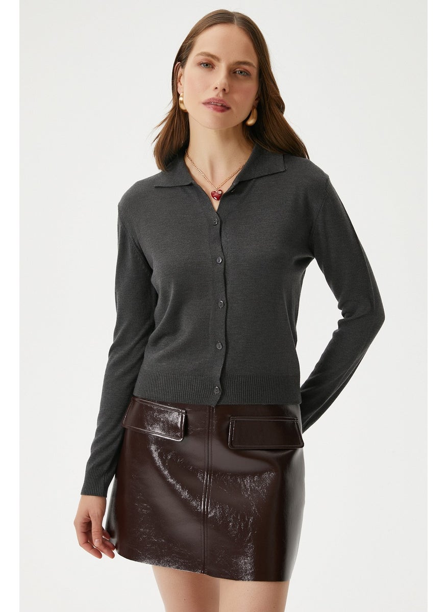 Women's Thin Polo Collar Thin Anthracite Cardigan