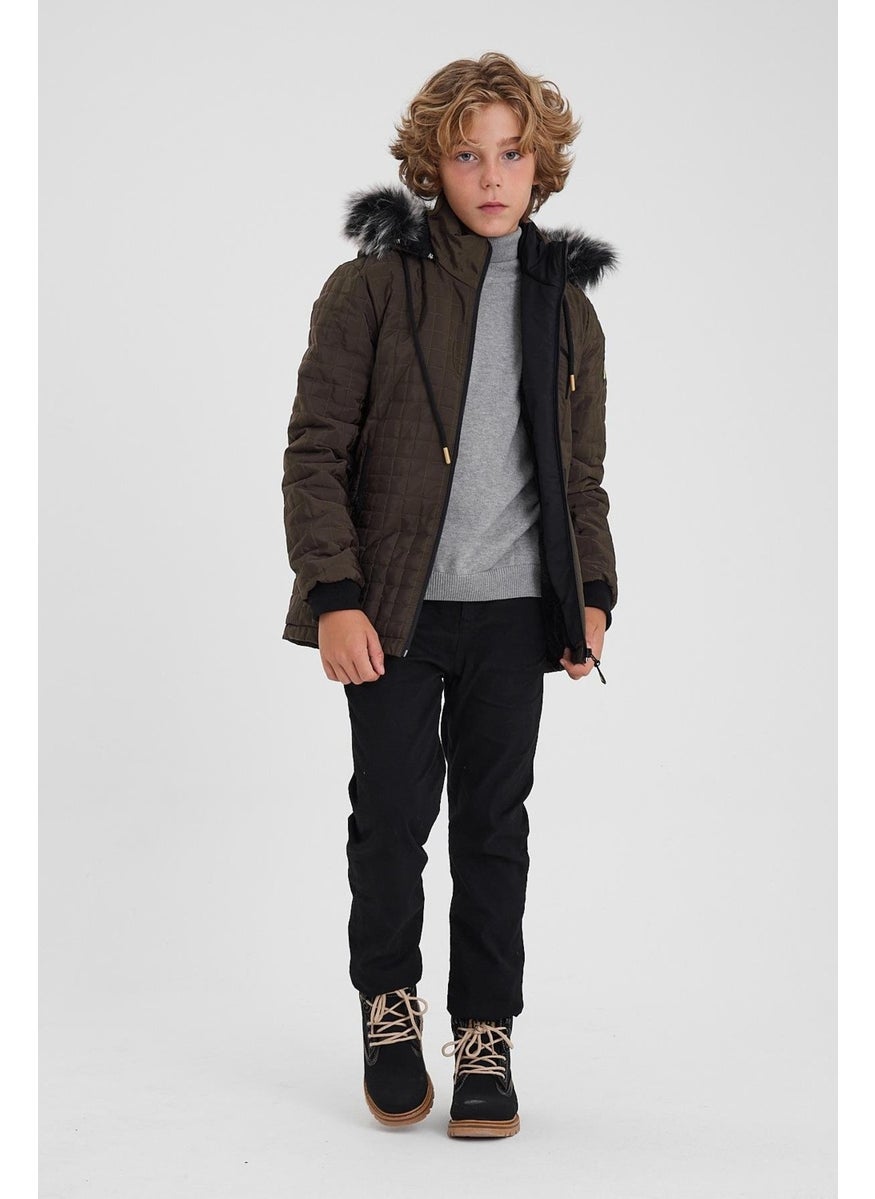 Brown Boy Water and Windproof Removable Hooded Quilted Jacket&Coat