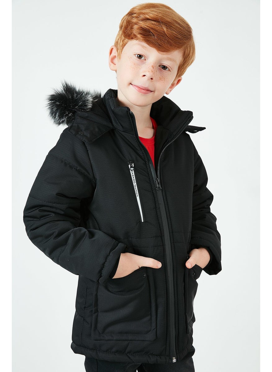 Side Faux Fur Plush Lined Hooded Coat Boy's COAT 6036062