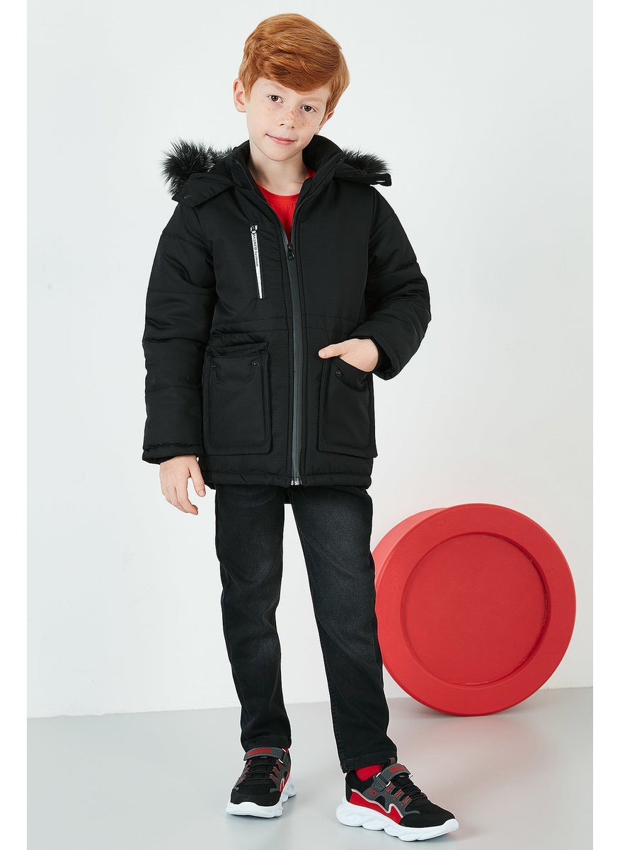 Side Faux Fur Plush Lined Hooded Coat Boy's COAT 6036062