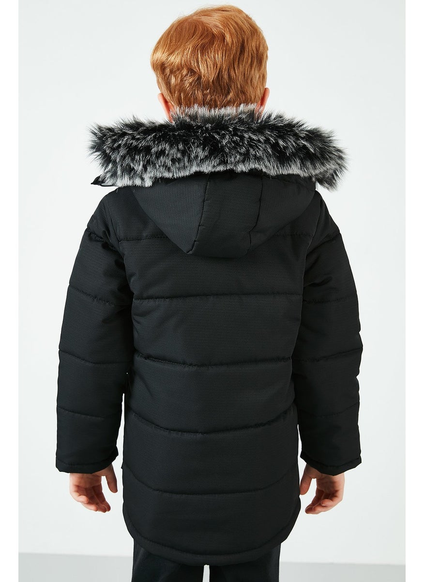 Side Faux Fur Plush Lined Hooded Coat Boy's COAT 6036062