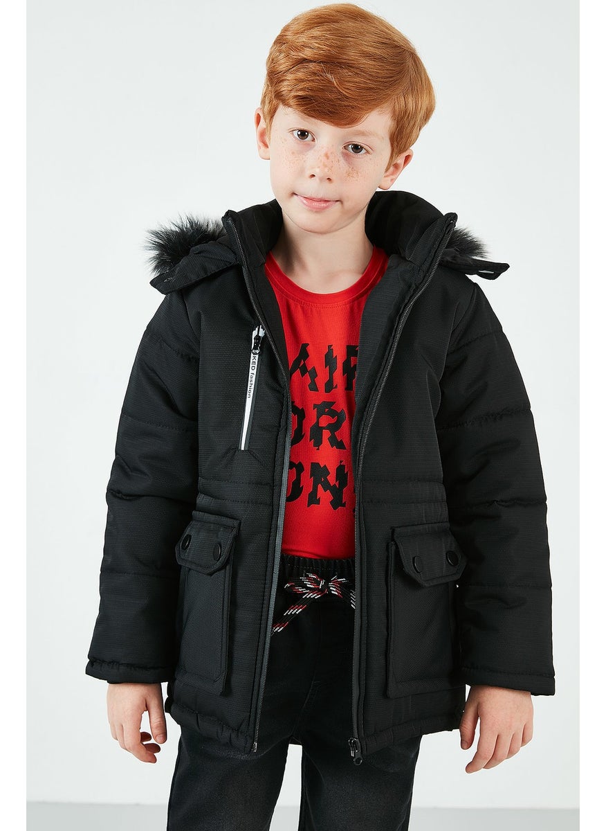 Side Faux Fur Plush Lined Hooded Coat Boy's COAT 6036062