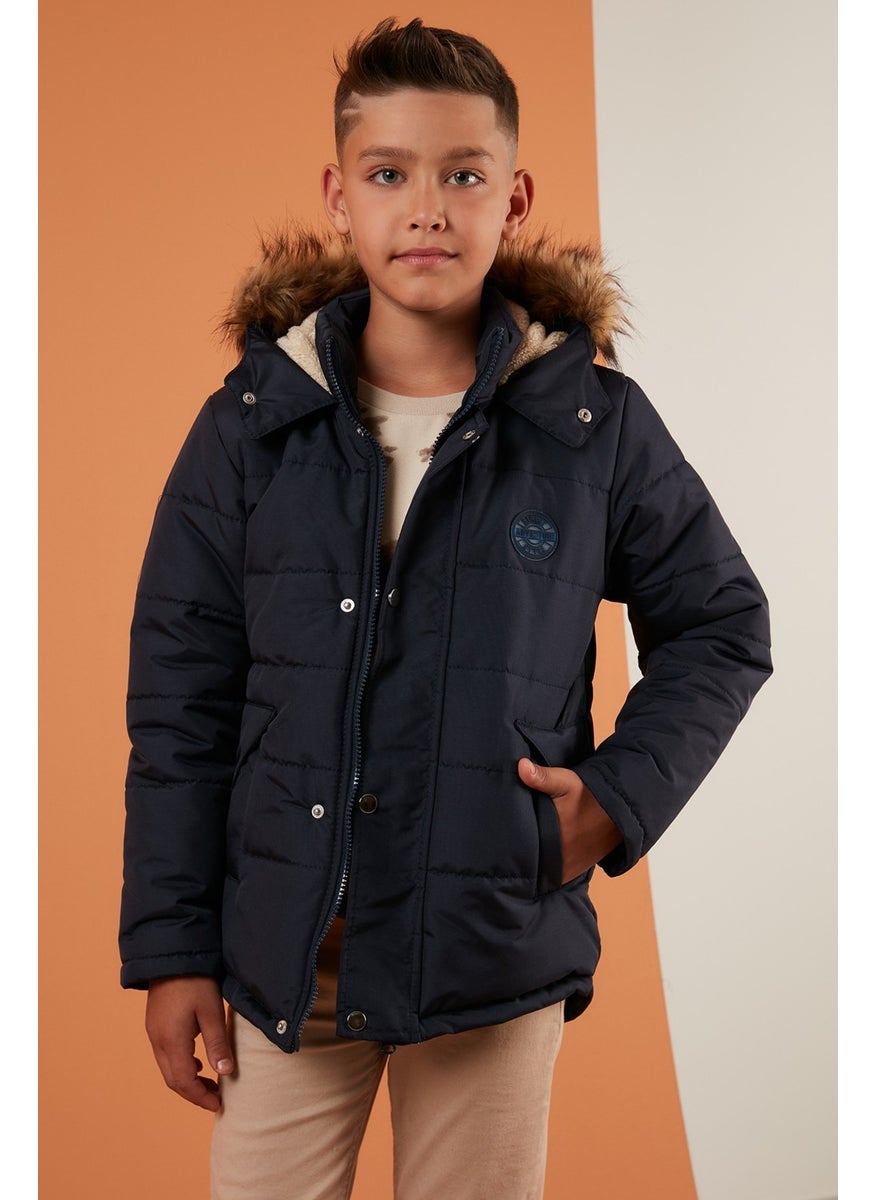 Collar Faux Fur Plush Lined Hooded Winter Coat Boy's Coat 6036024