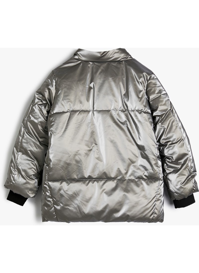 Puffer Jacket Stand-up Collar Zipper and Pocket Detail