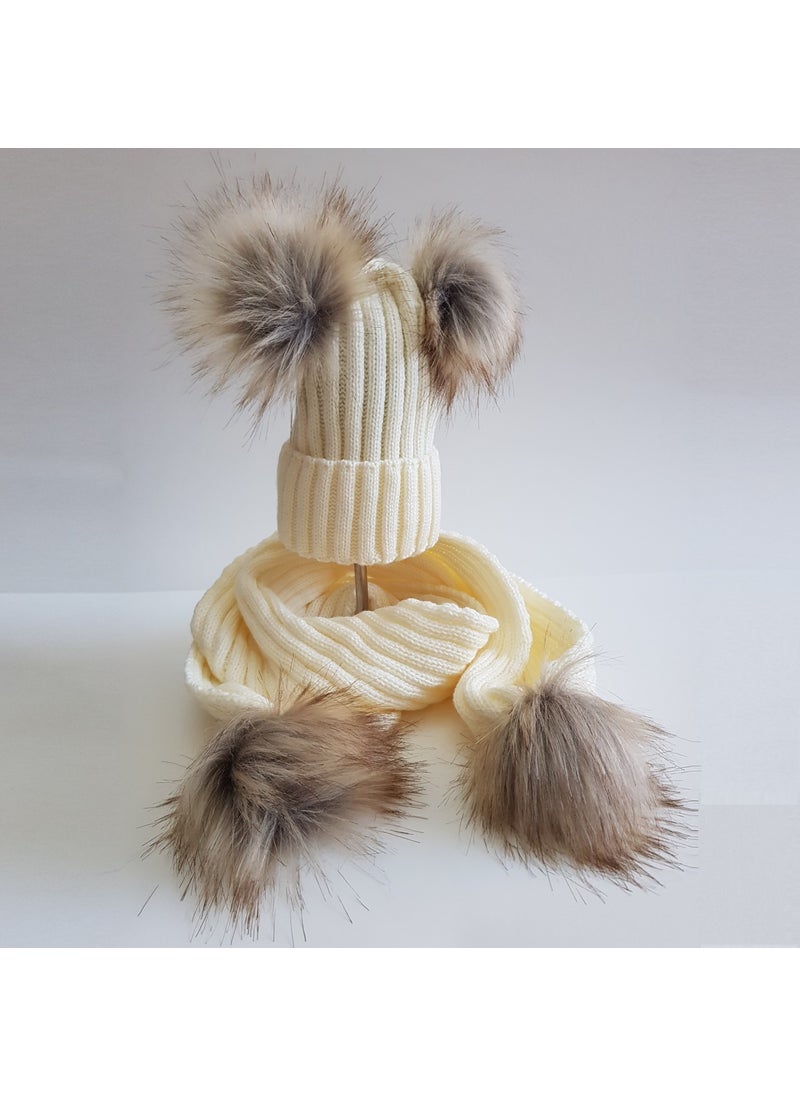 Unisex Pompom Knitwear Scarf Beanie Set, Baby-Kids