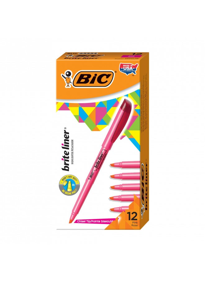 BIC Brite Liner Highlighter, Chisel Tip For Broad Highlighting & Fine Underlining, Pink, 12-Count