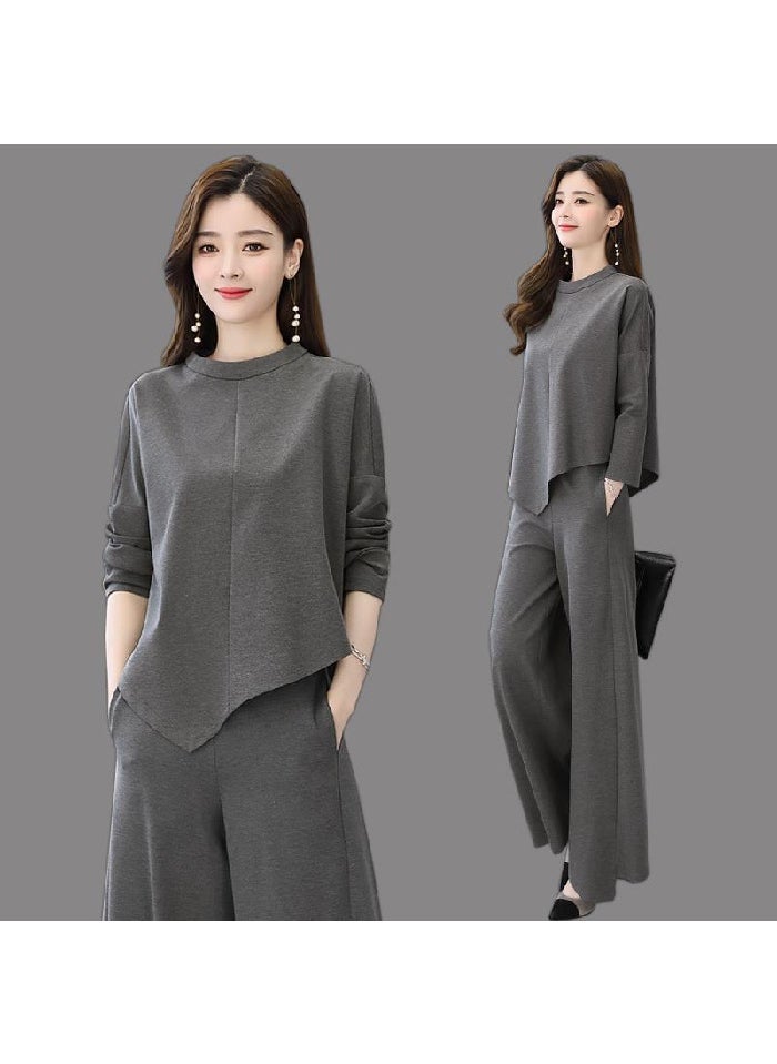 Womens Casual Wide-Legged Pants Set Spring Autumn Gray