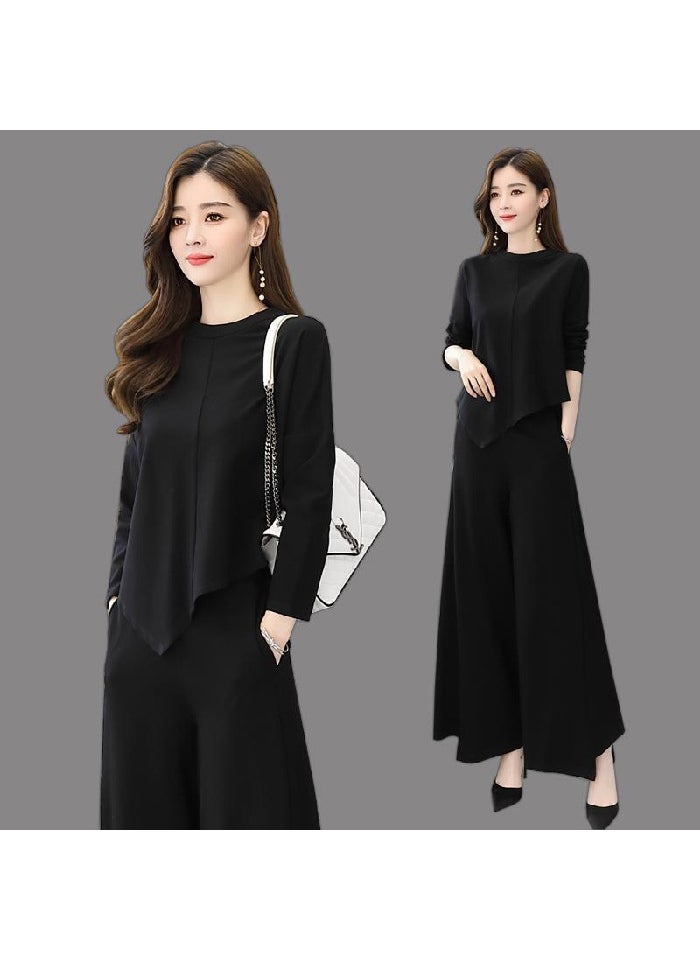 Womens Casual Wide-Legged Pants Set Spring Autumn Black