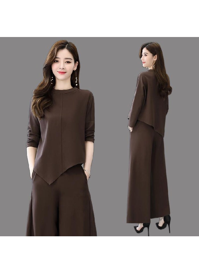 Womens Casual Wide-Legged Pants Set Spring Autumn Brown