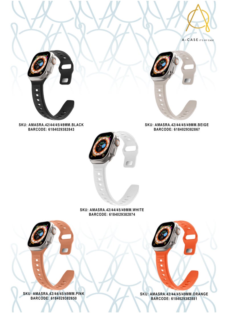 A-Case Series Amasra Compatible with Apple watch series 42/44/45/49mm Silicone Band Patented bidirectional connectors Strong magnetic attachment for easy length adjustment and secure fit Soft UV treated FKM SILICONE for lasting smooth finish Waterproof and washable - Black