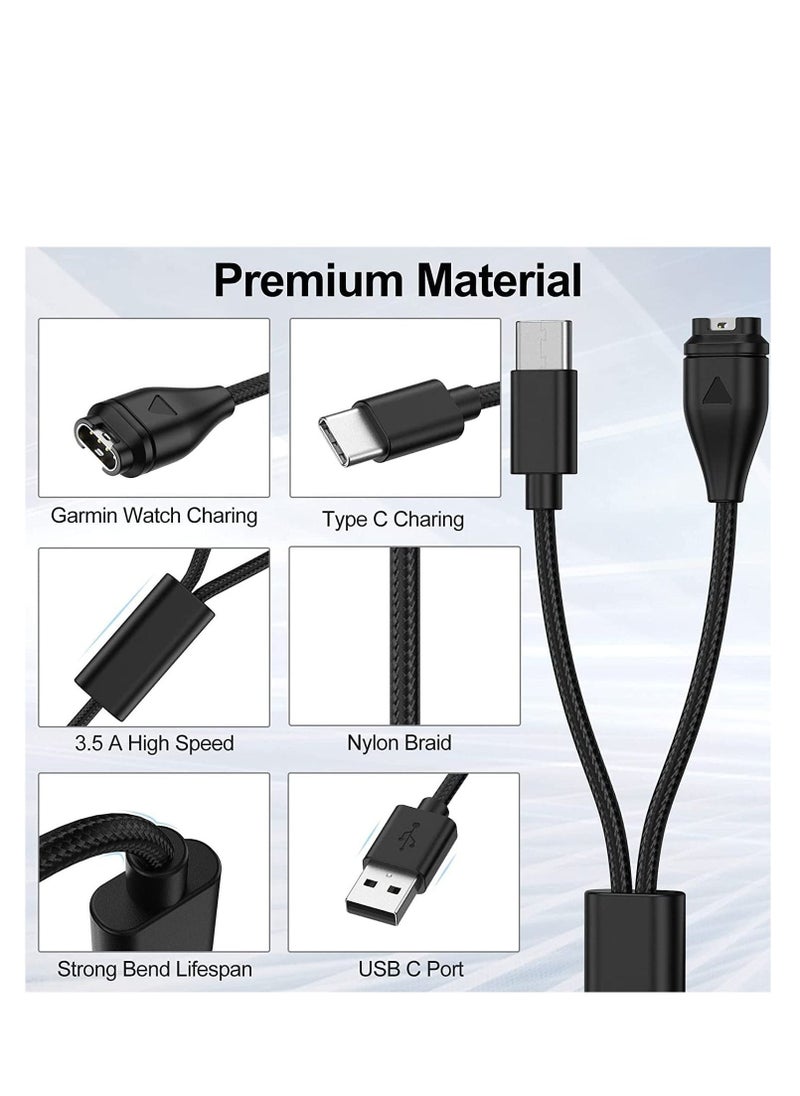 Charger Cable 2 in 1 Compatible for Garmin Vivoactive 3 4 4S Fenix 7 7S 7X 6 6S 6X Venu Plus Sq Forerunner 55 45 Instinct Type C Charging Cord Smartphone 120cm