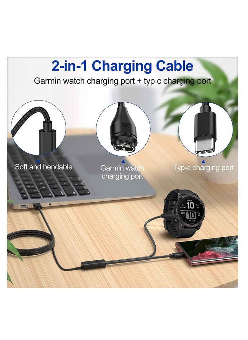 Charger Cable 2 in 1 Compatible for Garmin Vivoactive 3 4 4S Fenix 7 7S 7X 6 6S 6X Venu Plus Sq Forerunner 55 45 Instinct Type C Charging Cord Smartphone 120cm