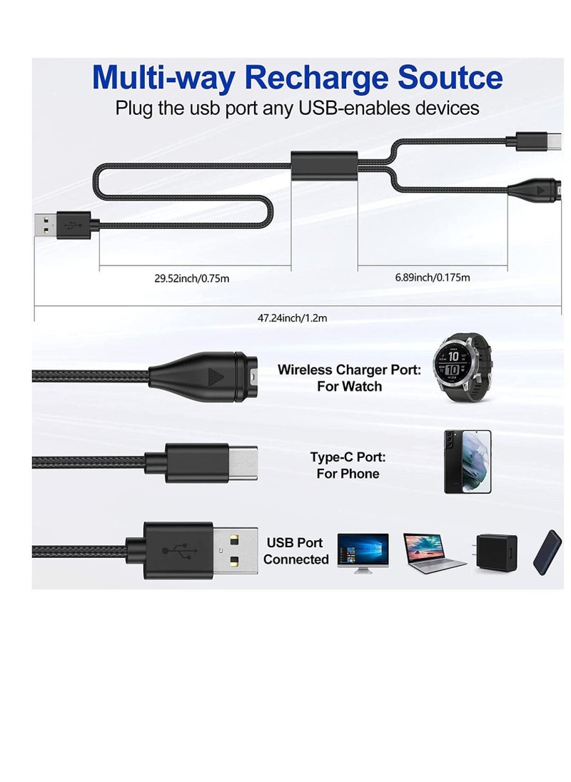 Charger Cable 2 in 1 Compatible for Garmin Vivoactive 3 4 4S Fenix 7 7S 7X 6 6S 6X Venu Plus Sq Forerunner 55 45 Instinct Type C Charging Cord Smartphone 120cm