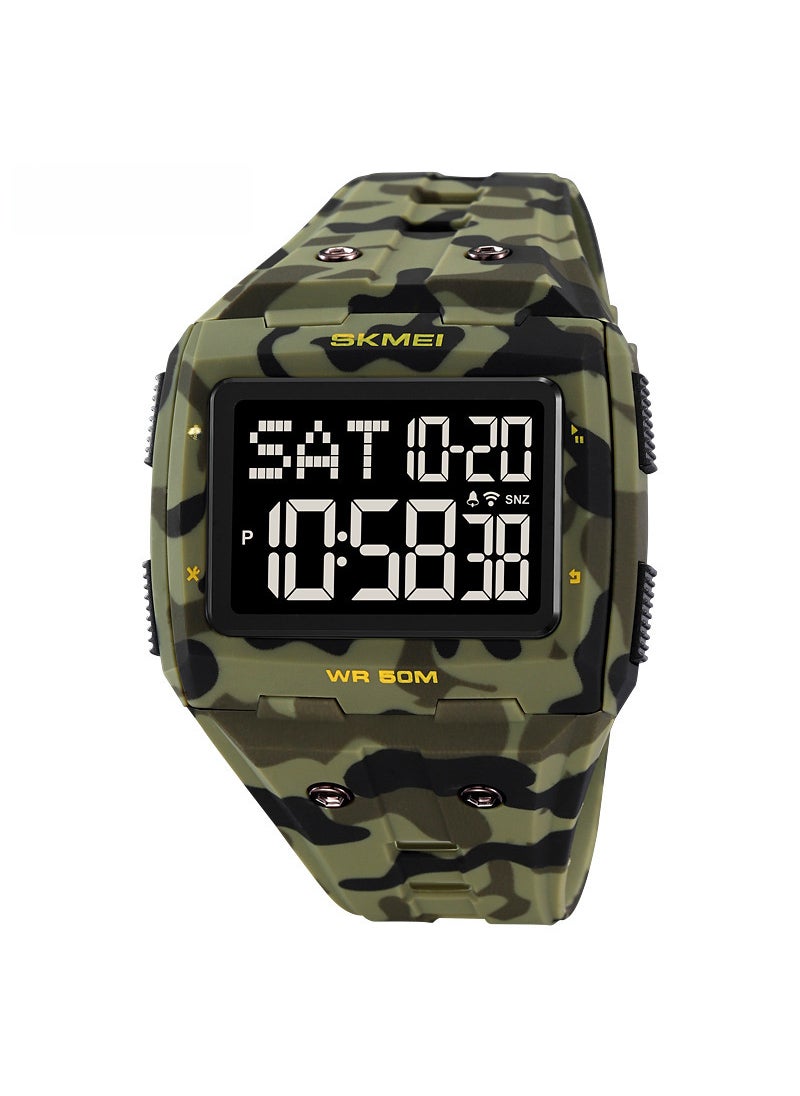 SKMEI SKMEI luminous square Harajuku style fashion watch multifunctional electronic watch silicone strap waterproof Army green camouflage