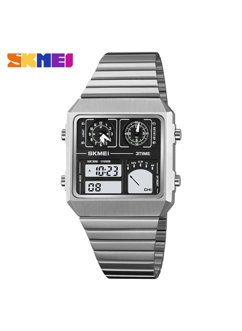 Stylish Square Gold Steel Strap Multifunction Mens Watch Silver