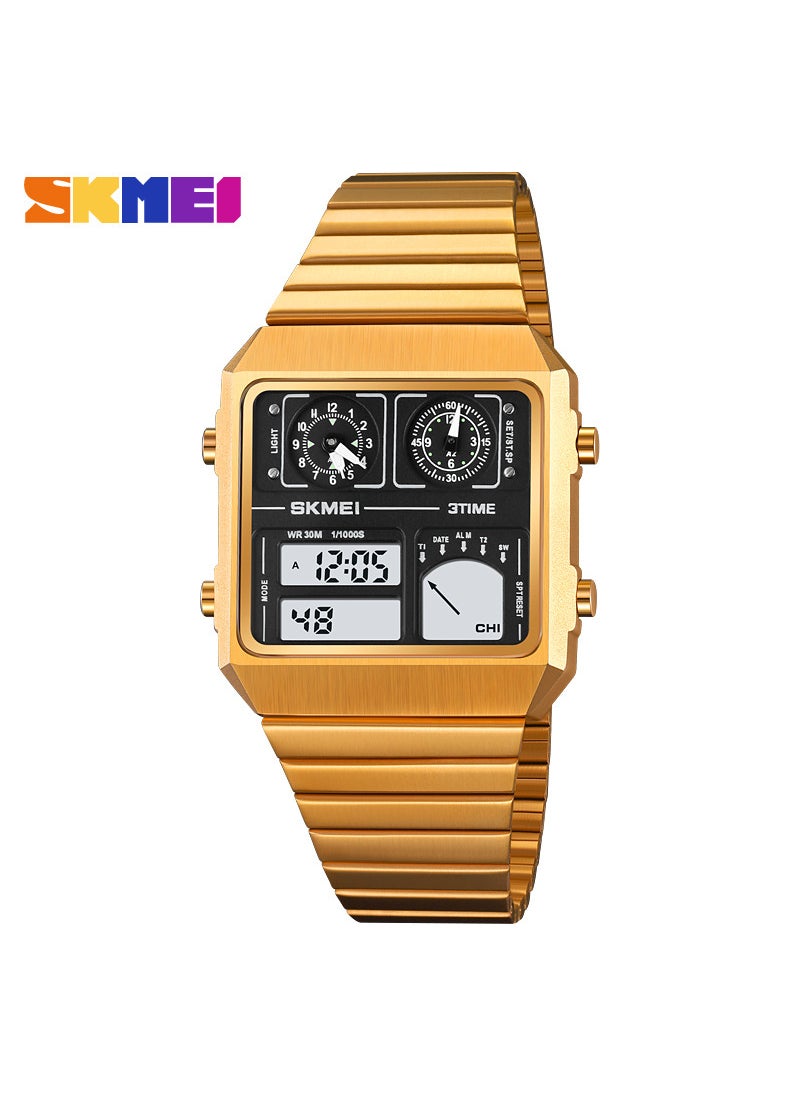 Stylish Square Gold Steel Strap Multifunction Mens Watch Gold