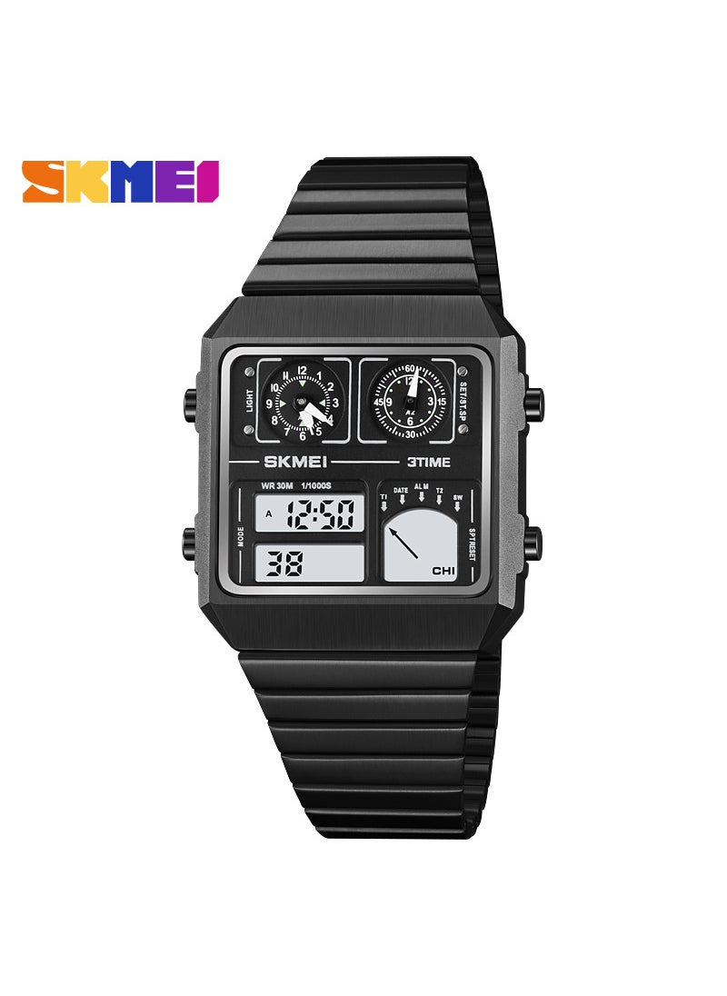 Stylish Square Gold Steel Strap Multifunction Mens Watch Black