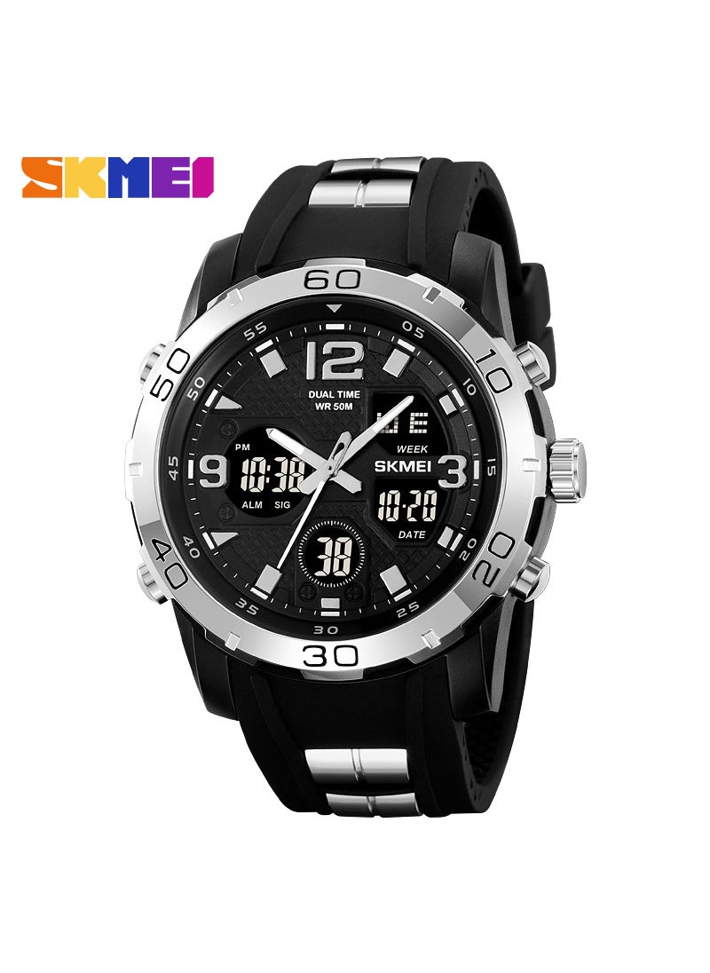 SKMEI 2102 Mens Stylish Sport Chronograph Dual Display Waterproof Watch Silver Black Machine