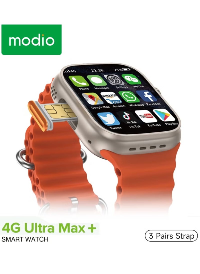 Modio 4G Ultra Max Plus Smartwatch – 2.2 Inch HD Screen, SIM Card Slot, 3 Straps Included, For Ladies & Gents (Silver)