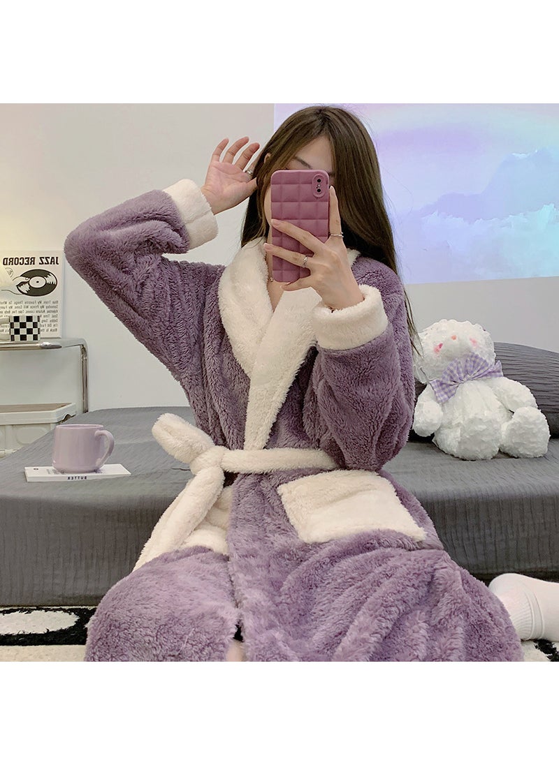 Long Plush Fleece Robe Coral Warm Homewear 6013# Purple Robe