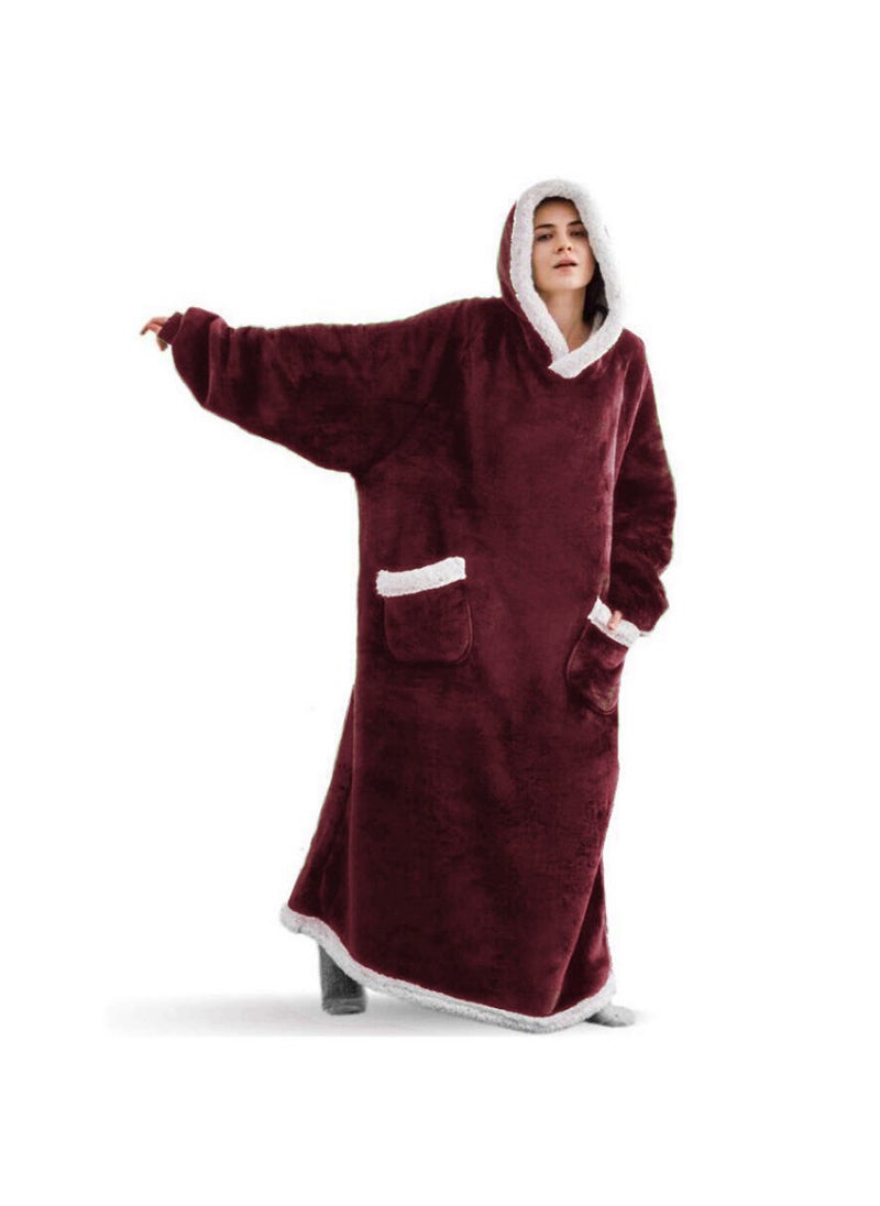 Winter Extended Pocket Pink Hooded Fleece TV Blanket Wine Red