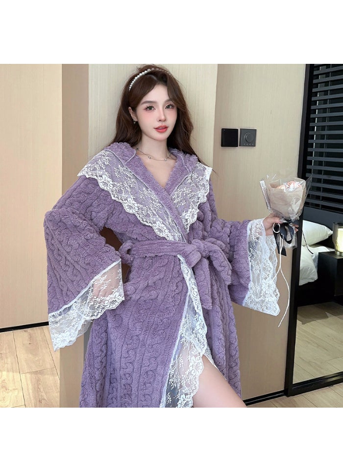 Princess Coral Fleece Lace Trimmed Warm Robe 7847# purple