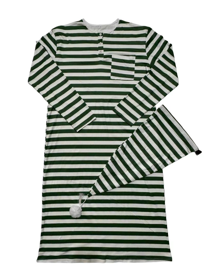 Mens Long Sleeve Sleep Robe Thin Loose Plus Size Green and white horizontal stripes-suit