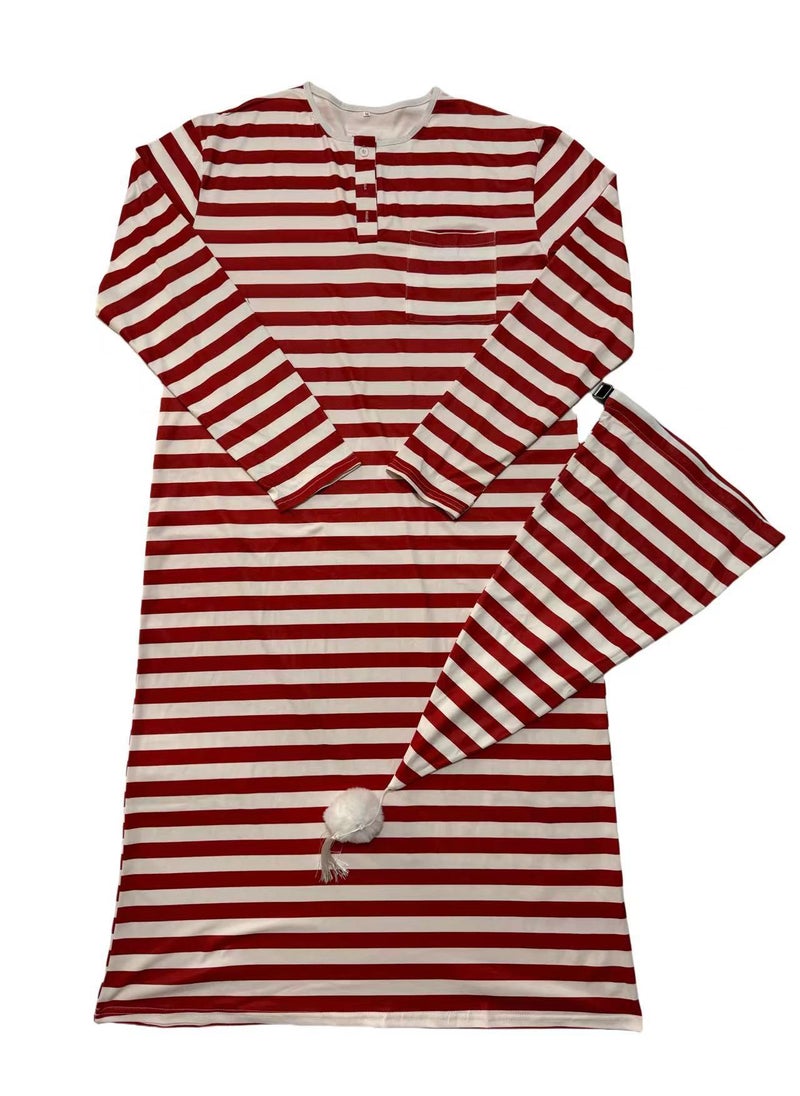 Mens Long Sleeve Sleep Robe Thin Loose Plus Size Red and white horizontal stripes-suit