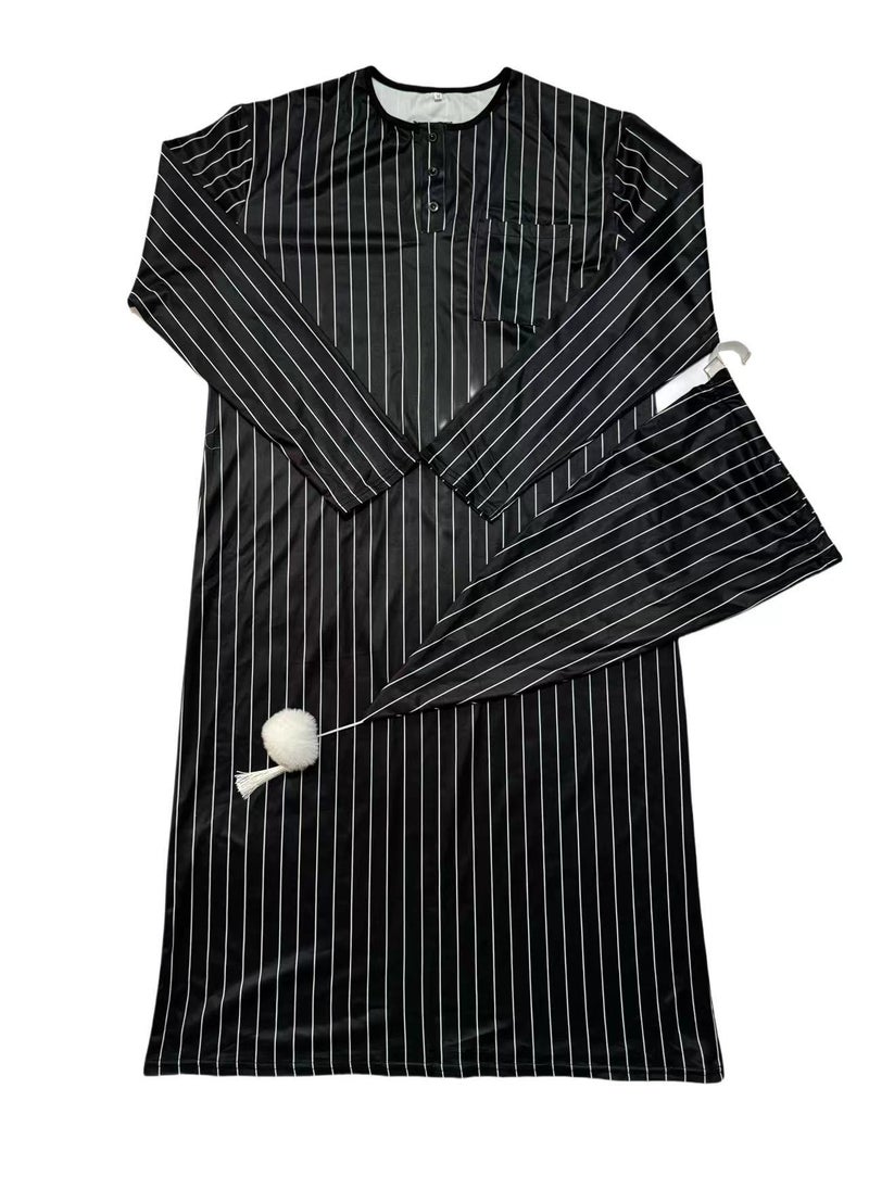 Mens Long Sleeve Sleep Robe Thin Loose Plus Size Black straight stripes-suit