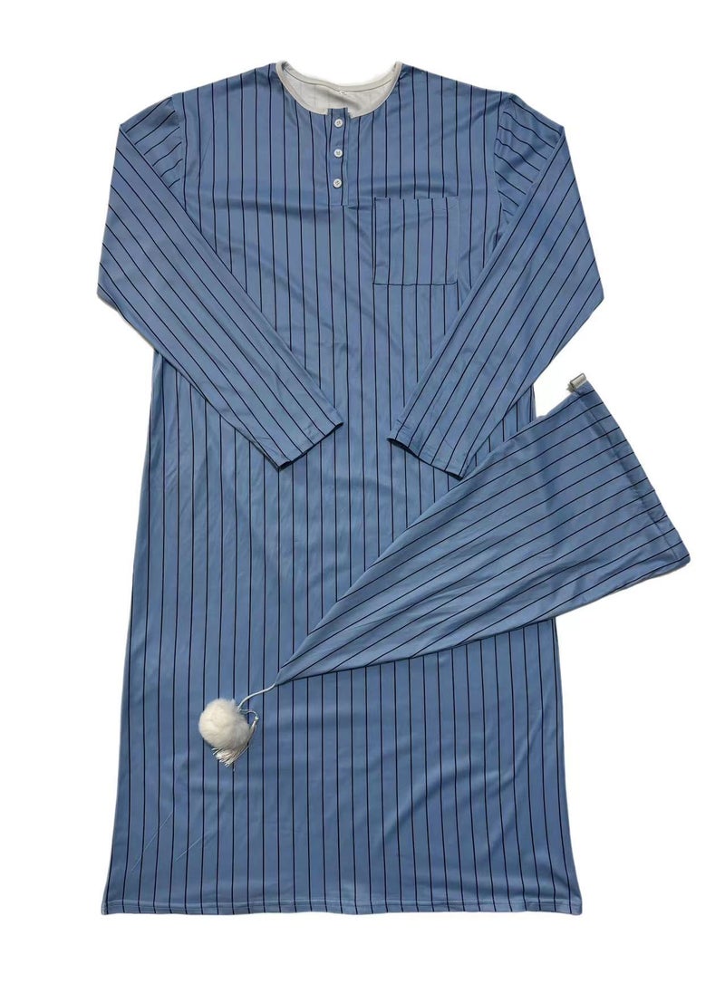 Mens Long Sleeve Sleep Robe Thin Loose Plus Size sapphire straight stripes-suit