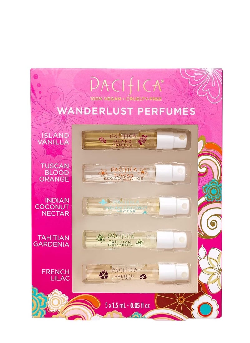 Pacifica Beauty, Wanderlust Spray Perfume Trial Set, Island Vanilla, 5 Scents, Fragrance Sampler Gift Set, Natural & Essential Oils, Clean, Vegan & Cruelty Free