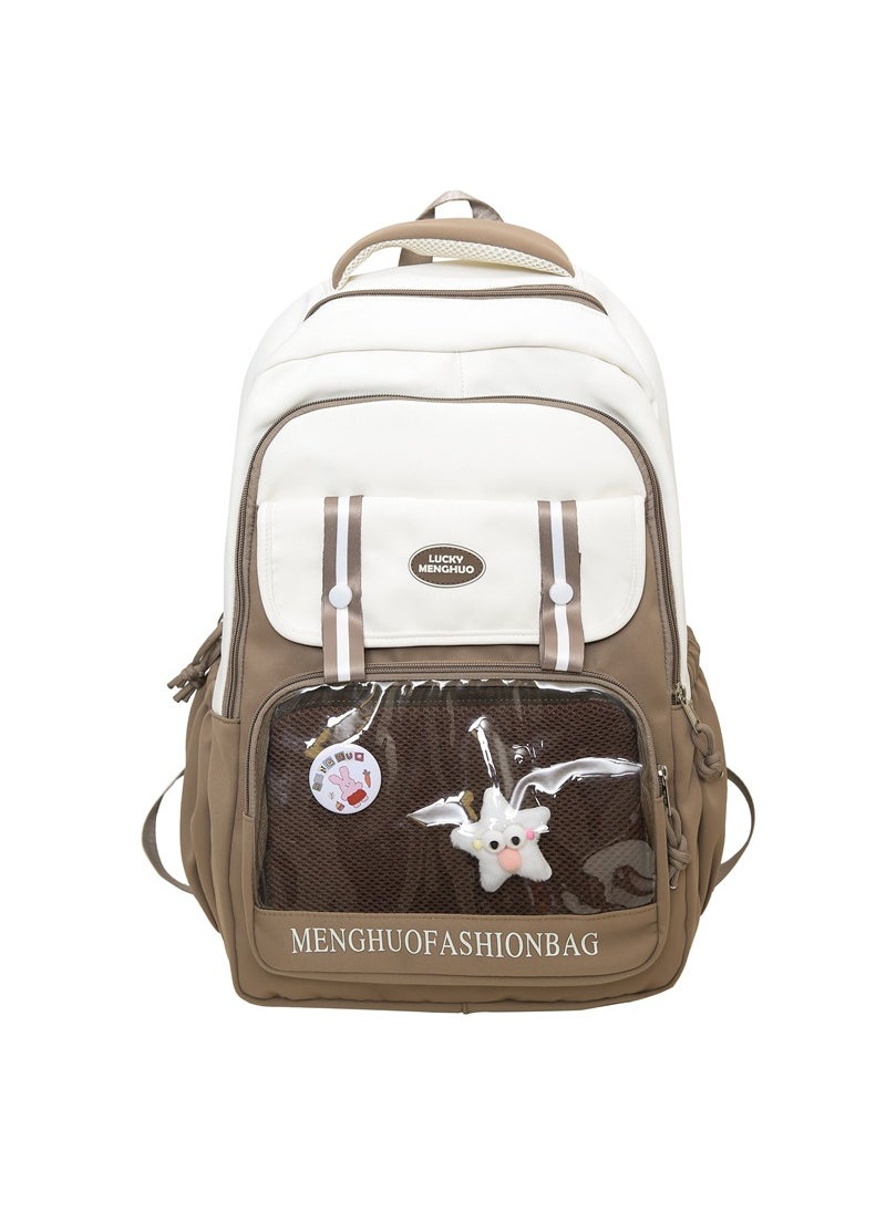 2024 Fashion Clear Nylon Backpack for Girls Brown shoulders