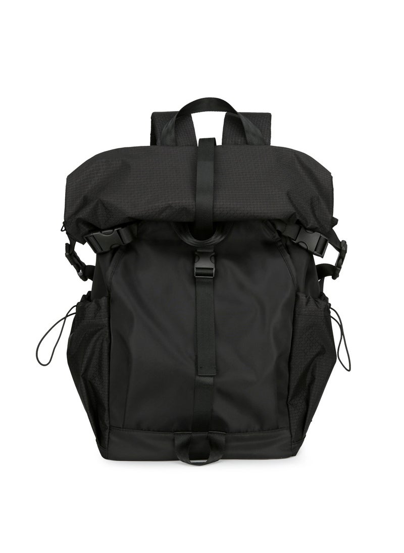 Mens Roll-Top Nylon Backpack Large Capacity Black