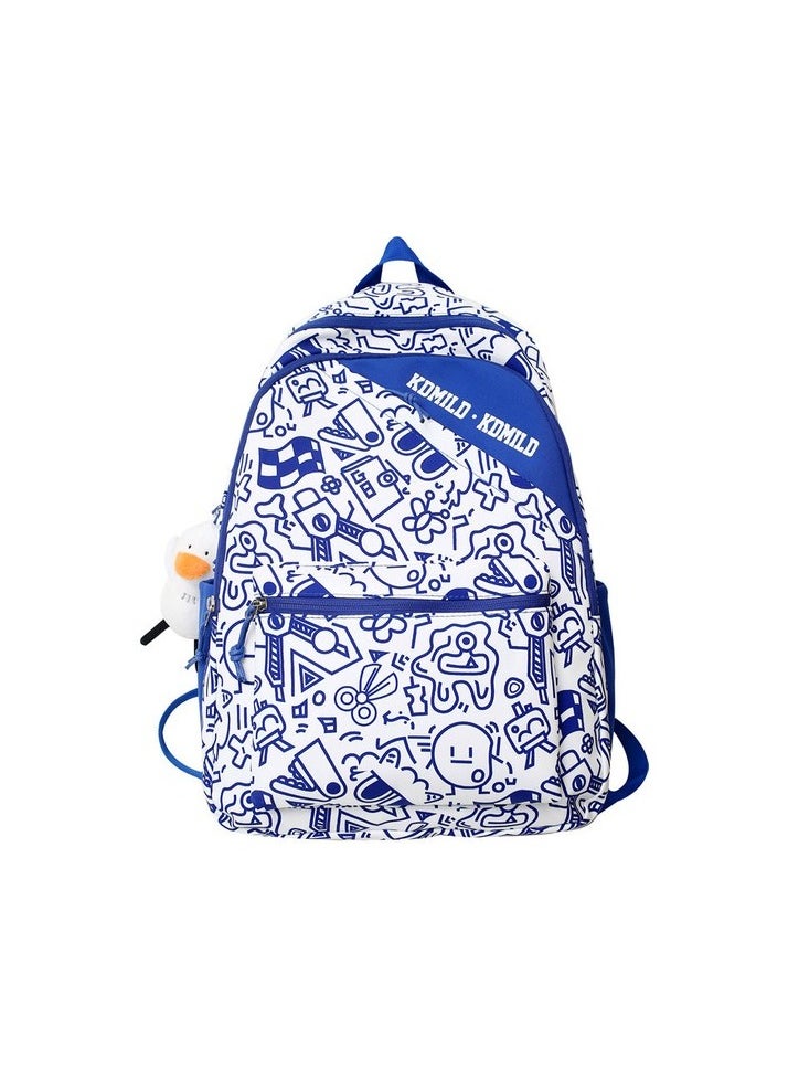 Double Graffiti Backpack Secondary School Student School Bag Colour:White - Navy blue