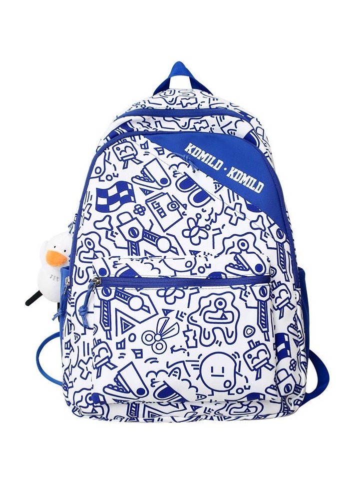 Double Graffiti Backpack Secondary School Student School Bag Colour:White - Navy blue