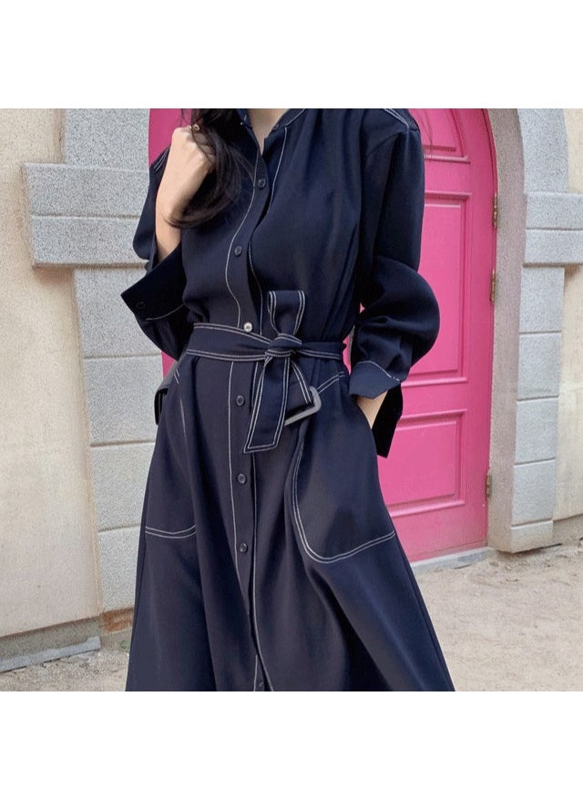 Korean Fashion Loose-Fit Dress Belted Waist Slimming Blue