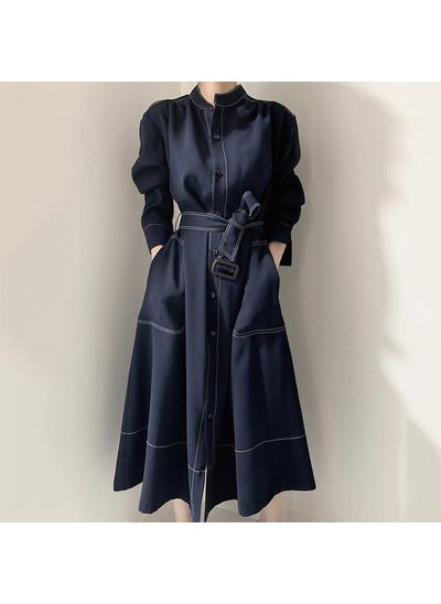 Korean Fashion Loose-Fit Dress Belted Waist Slimming Blue