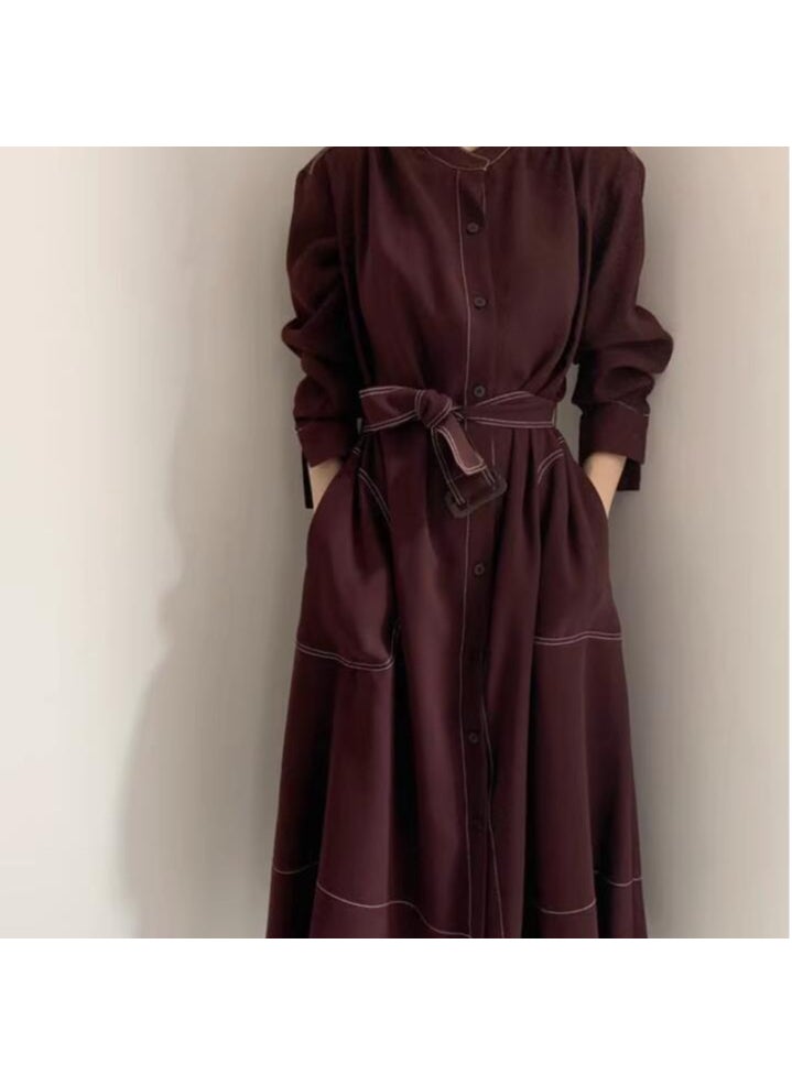 Korean Fashion Loose-Fit Dress Belted Waist Slimming Wine Red