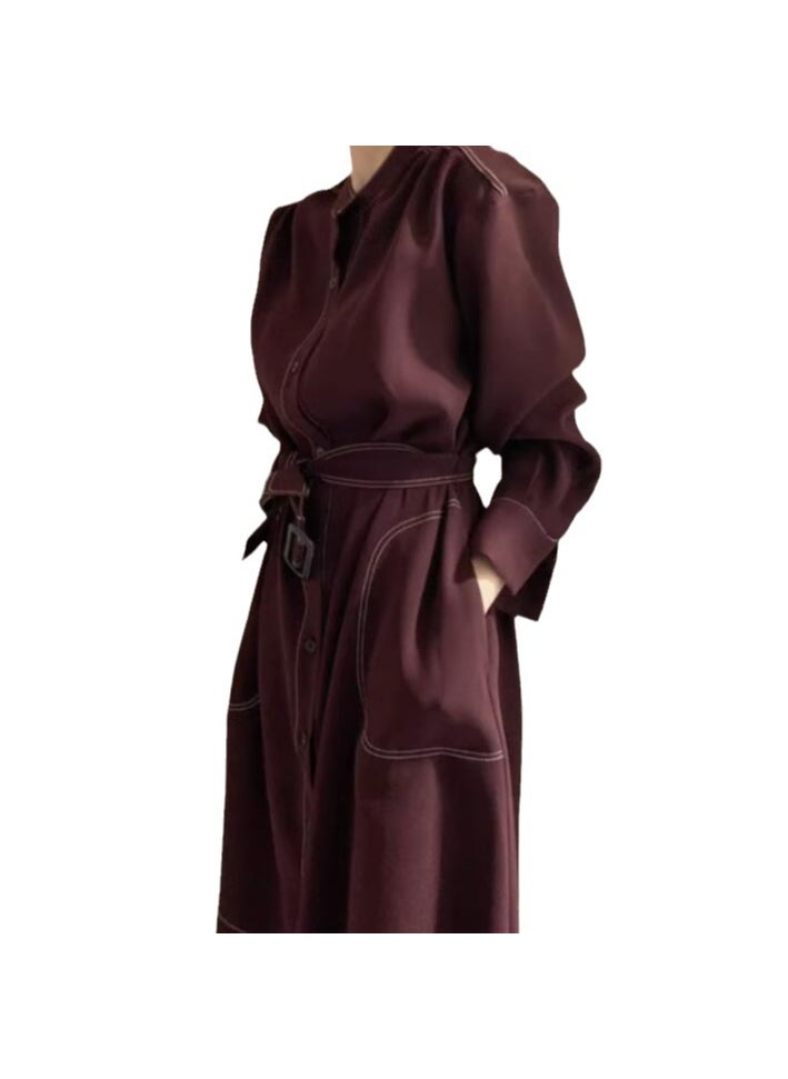 Korean Fashion Loose-Fit Dress Belted Waist Slimming Wine Red