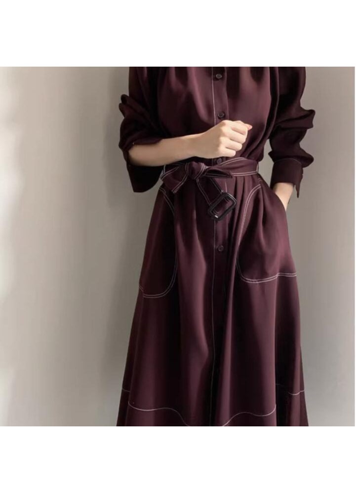 Korean Fashion Loose-Fit Dress Belted Waist Slimming Wine Red