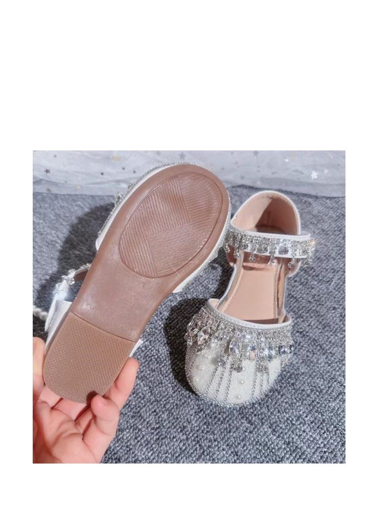 Girl Crystal Princess Flat Heeled Leather Shoes with Host Performance Dress