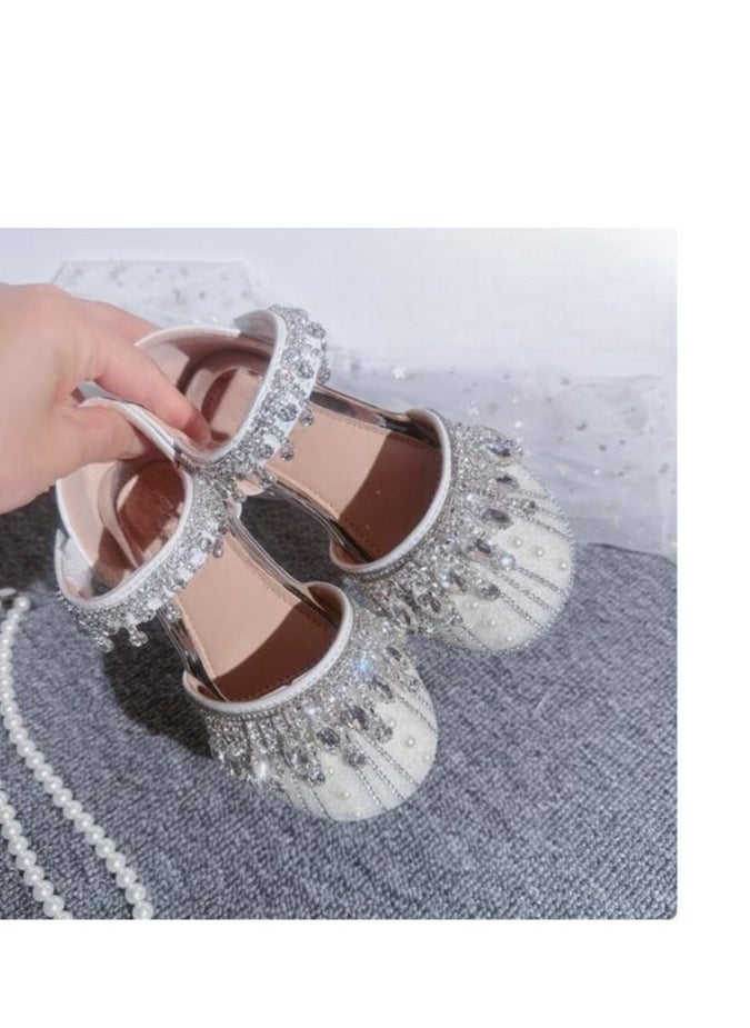 Girl Crystal Princess Flat Heeled Leather Shoes with Host Performance Dress