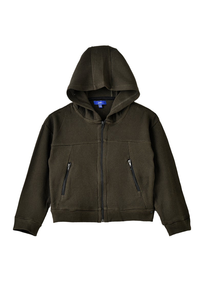 Boys Waffle Texture Zip-Up Hoodie Jacket