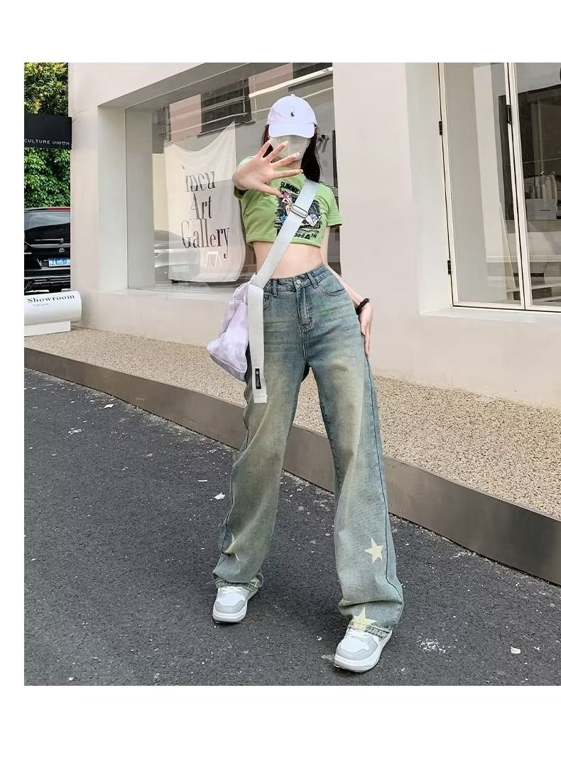 High Waist Star Design Loose Denim Jeans for Pear-Shaped Bodies Light blue